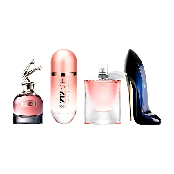 Combo de 4 Perfumes Femininos - Scandal, 212 VIP Rosé, La Vie est Belle e Good Girl