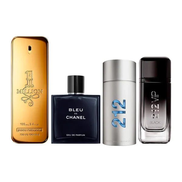 Combo de 4 Perfumes Masculinos 100 ml - 1 Million, Bleu de Chanel, 212 MEN e 212 VIP Black
